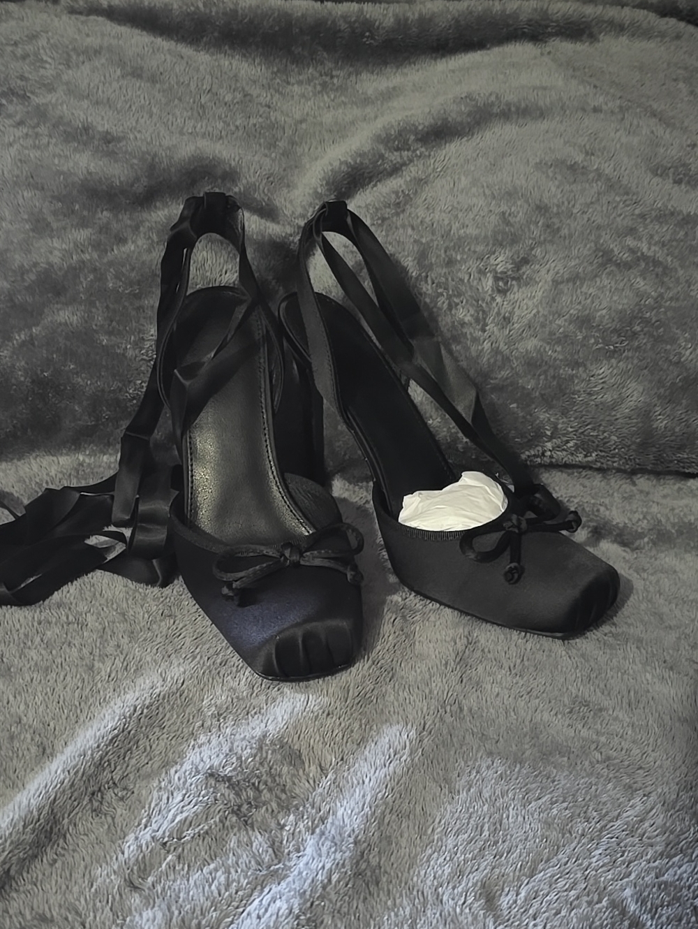 Black Satin Peep-Toe Heels with Ankle Ribbon Tie